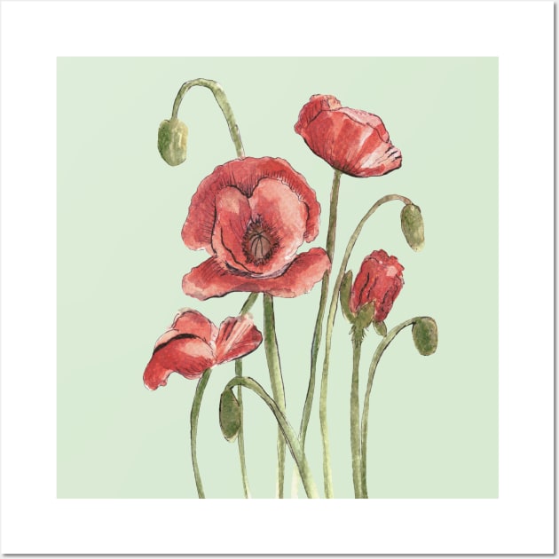 Red Poppy Flowers Watercolor Painting Wall Art by Ratna Arts